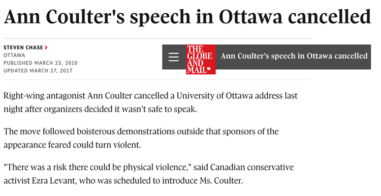 Ann Coulter's speech in Ottawa cancelled